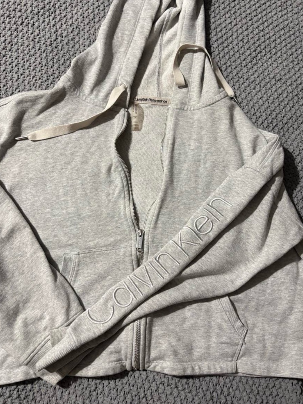 Cropped Calvin Klein Heather Gray Full-Zip Hoodie with Sleeve Logo